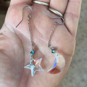 Crystal Moon & Star Mismatched Dangle Sparkle Earrings